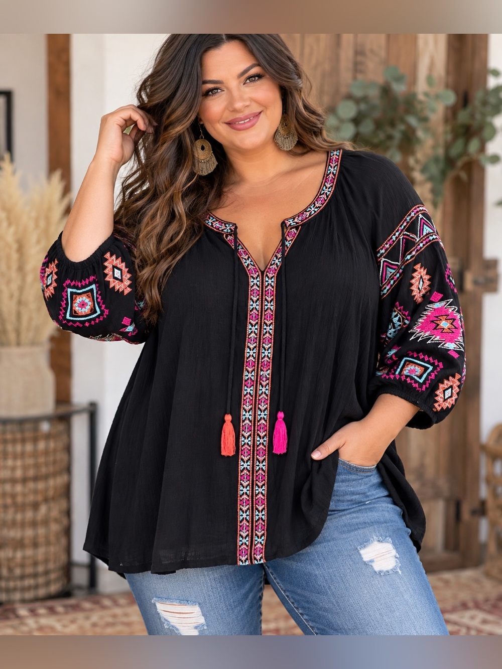 Savanna Jane 3X Black Embroidered Boho Southwestern Tassel Blouse